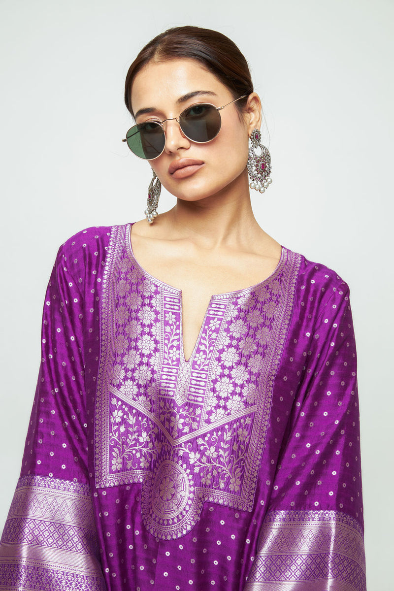 Noor-Contemporary Brocade Kurta With Pants-Purple silk kurta/kurta set by SOBARIKO in purple for women in Singapore