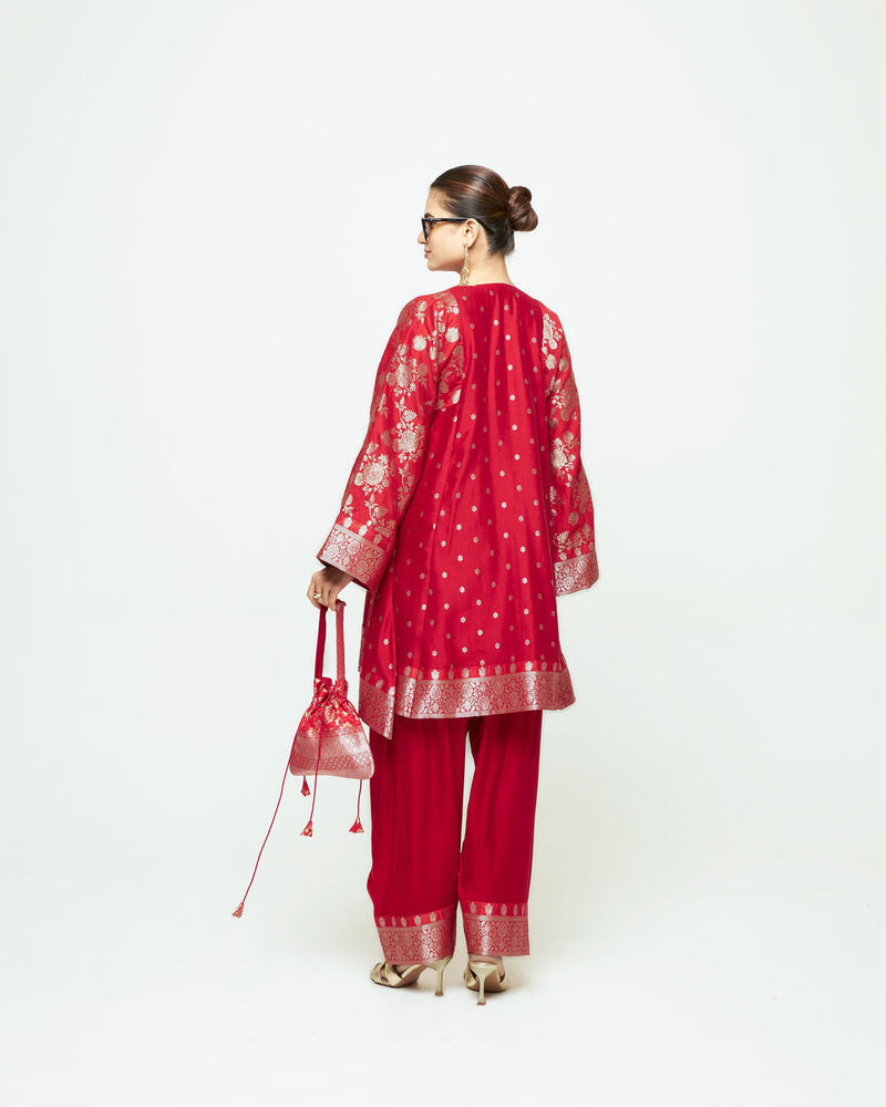 Gulnaz-Floral Brocade Choga Kurta With Farshi Salwar-Red silk, modal satin kurta/kurta set by SOBARIKO in red for women in Singapore