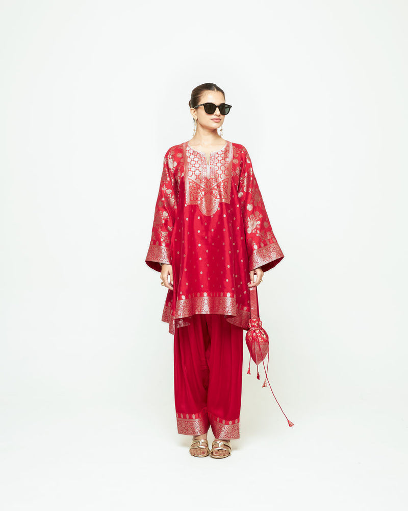 Gulnaz-Floral Brocade Choga Kurta With Farshi Salwar-Red silk, modal satin kurta/kurta set by SOBARIKO in red for women in Singapore