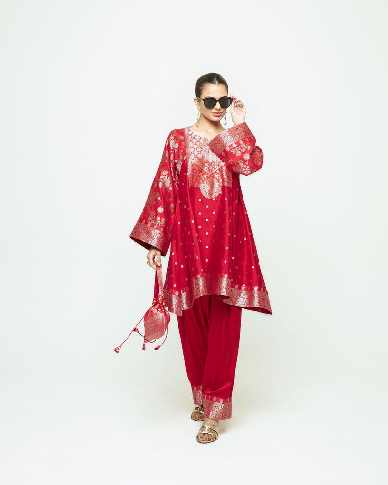 Gulnaz-Floral Brocade Choga Kurta With Farshi Salwar-Red silk, modal satin kurta/kurta set by SOBARIKO in red for women in Singapore