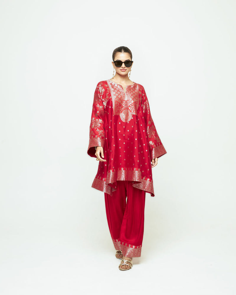 Gulnaz-Floral Brocade Choga Kurta With Farshi Salwar-Red silk, modal satin kurta/kurta set by SOBARIKO in red for women in Singapore
