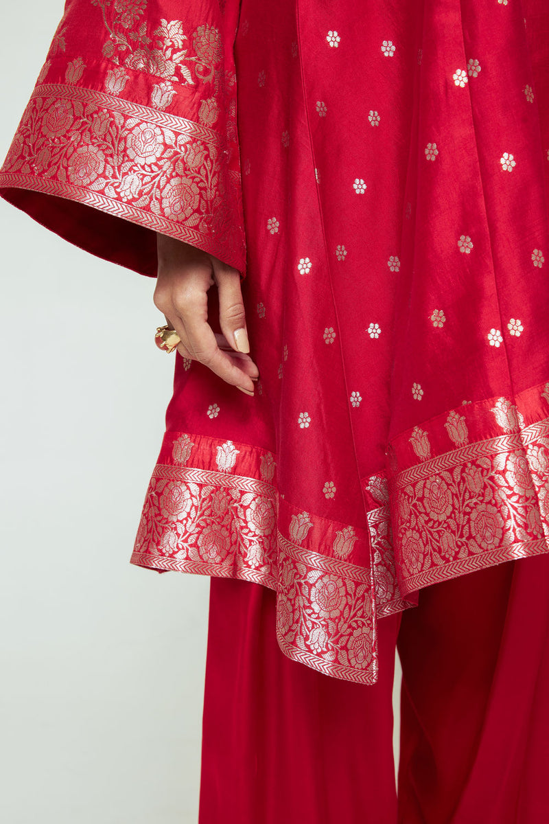 Gulnaz-Floral Brocade Choga Kurta With Farshi Salwar-Red silk, modal satin kurta/kurta set by SOBARIKO in red for women in Singapore
