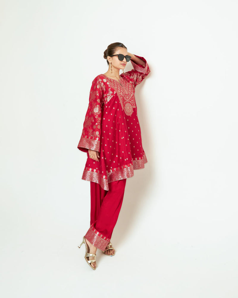 Gulnaz-Floral Brocade Choga Kurta With Farshi Salwar-Red silk, modal satin kurta/kurta set by SOBARIKO in red for women in Singapore