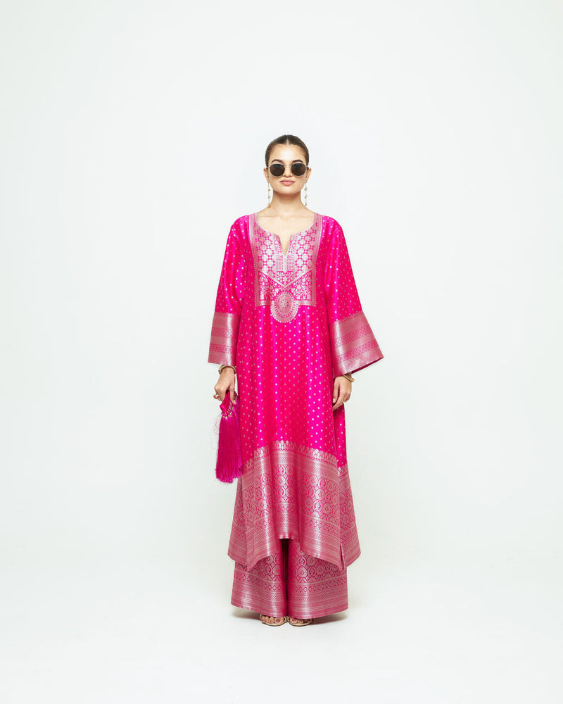 Noor-Contemporary Brocade Kurta With Pants-Pink silk kurta/kurta set by SOBARIKO in pink for women in Singapore