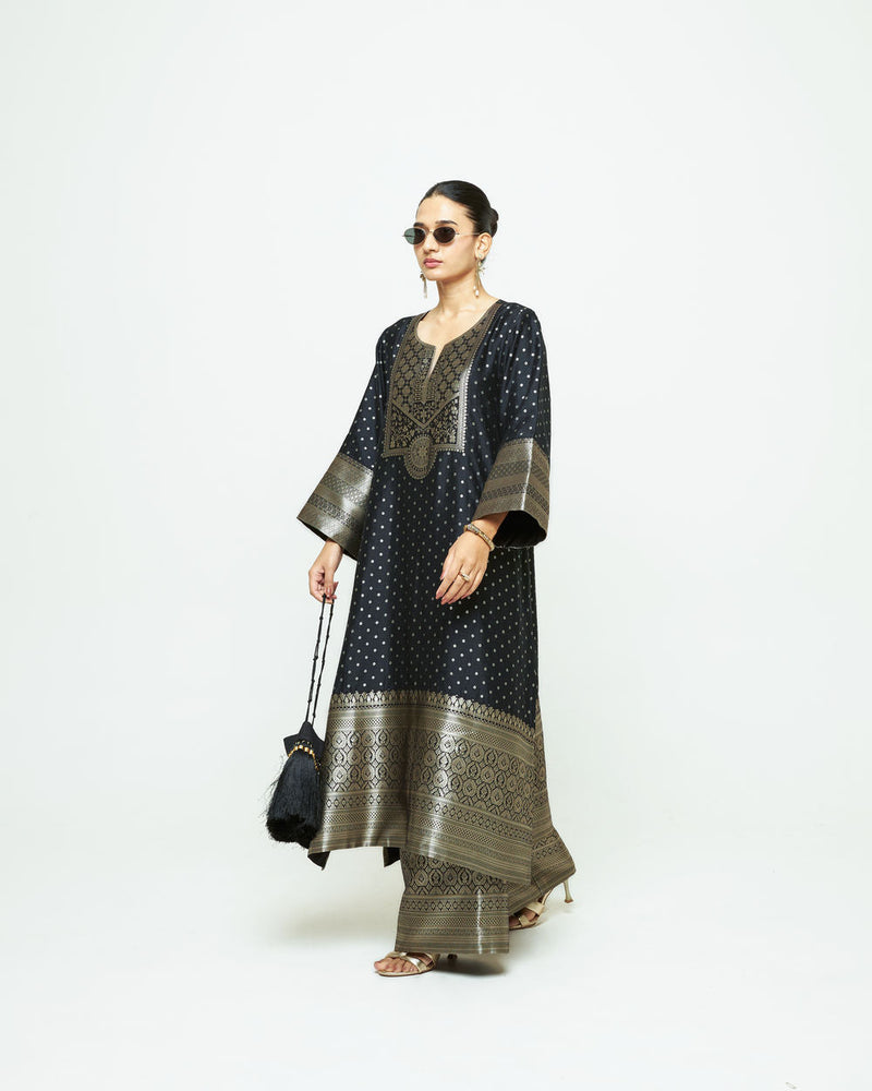 Noor-Contemporary Brocade Kurta With Pants-Black silk kurta/kurta set by SOBARIKO in black for women in Singapore