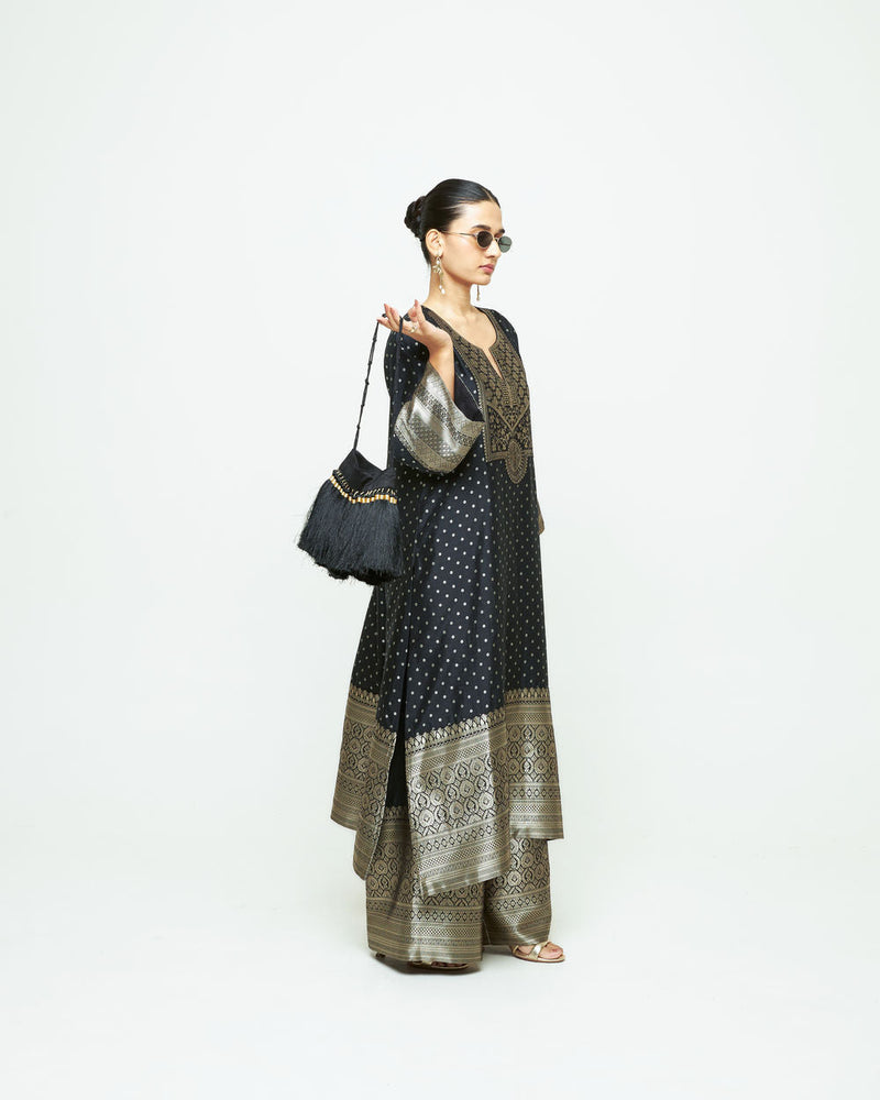 Noor-Contemporary Brocade Kurta With Pants-Black silk kurta/kurta set by SOBARIKO in black for women in Singapore