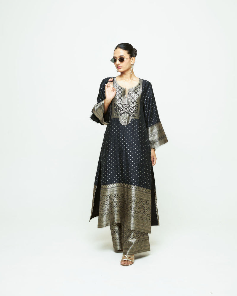 Noor-Contemporary Brocade Kurta With Pants-Black silk kurta/kurta set by SOBARIKO in black for women in Singapore