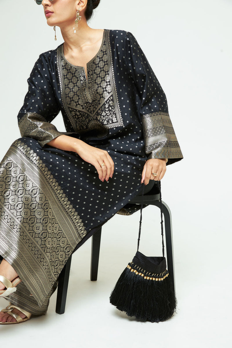 Neet-Statement Brocade Silk Kaftan silk indo-western by SOBARIKO in black for women in Singapore