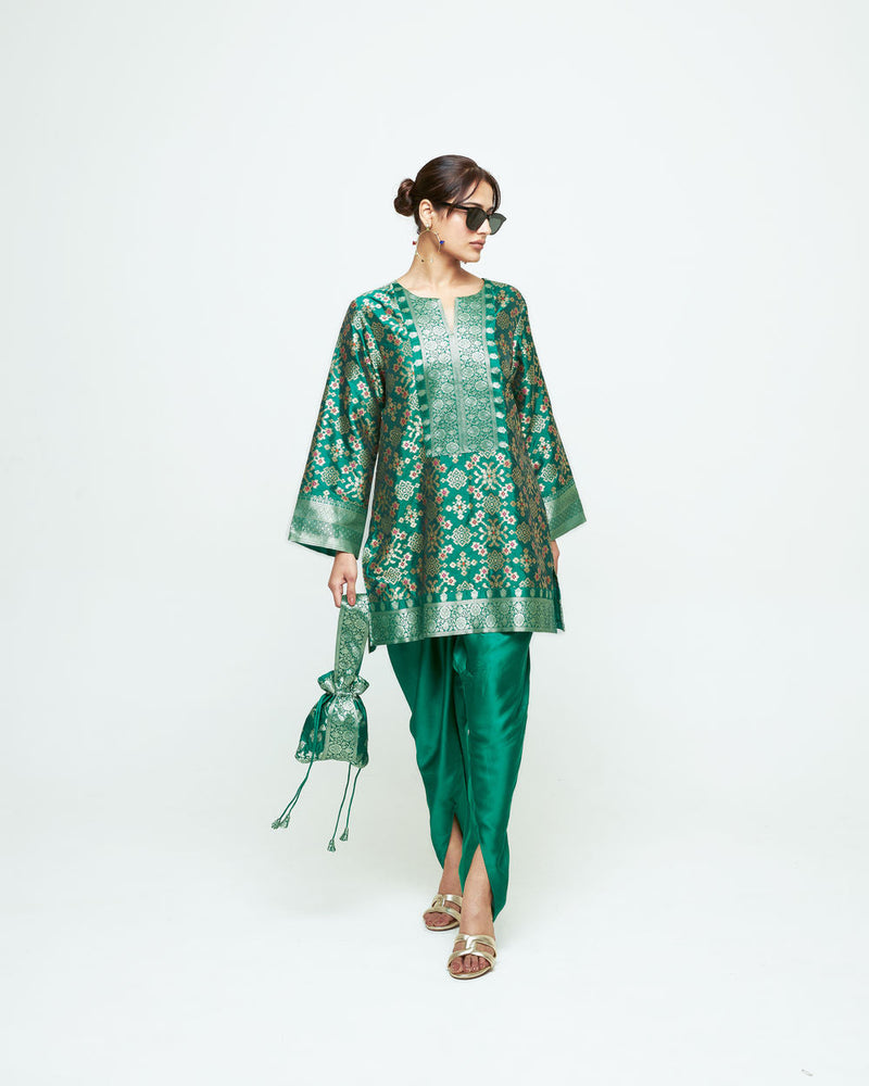 Meena-Brocade Short Kurta With Dhoti-Green silk and modal satin kurta/kurta set by SOBARIKO in green for women in Singapore