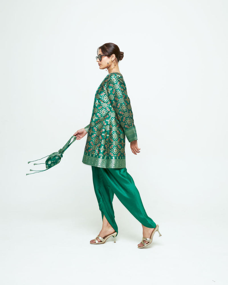 Meena-Brocade Short Kurta With Dhoti-Green silk and modal satin kurta/kurta set by SOBARIKO in green for women in Singapore