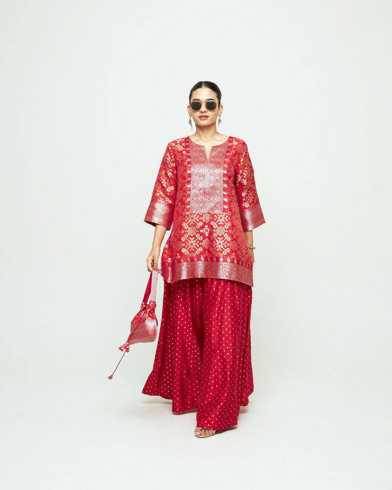 Meena Red Kurta Sharara Set silk kurta/kurta set by SOBARIKO in red for women in Singapore