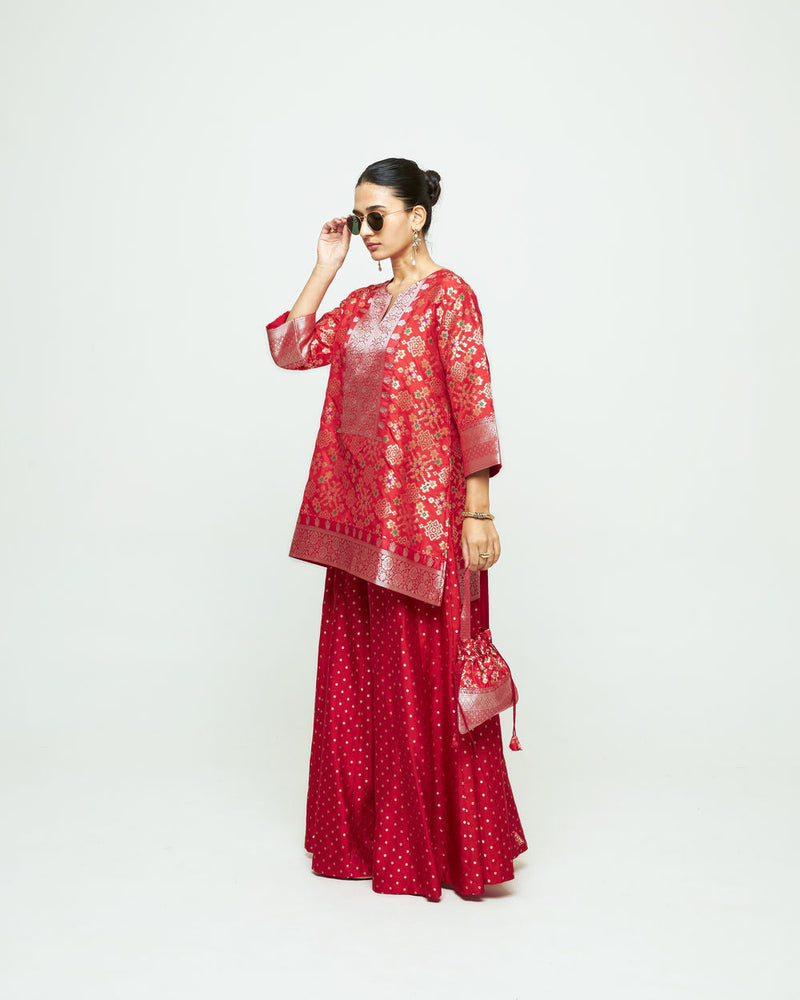 Meena Red Kurta Sharara Set silk kurta/kurta set by SOBARIKO in red for women in Singapore