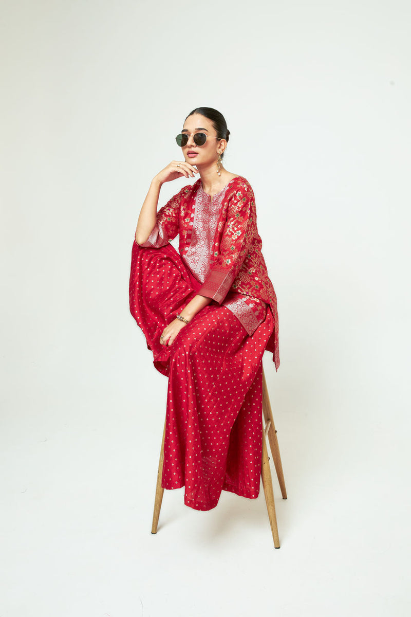 Meena Red Kurta Sharara Set silk kurta/kurta set by SOBARIKO in red for women in Singapore