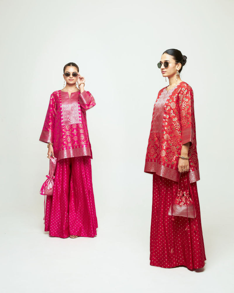 Meena Red Kurta Sharara Set silk kurta/kurta set by SOBARIKO in red for women in Singapore