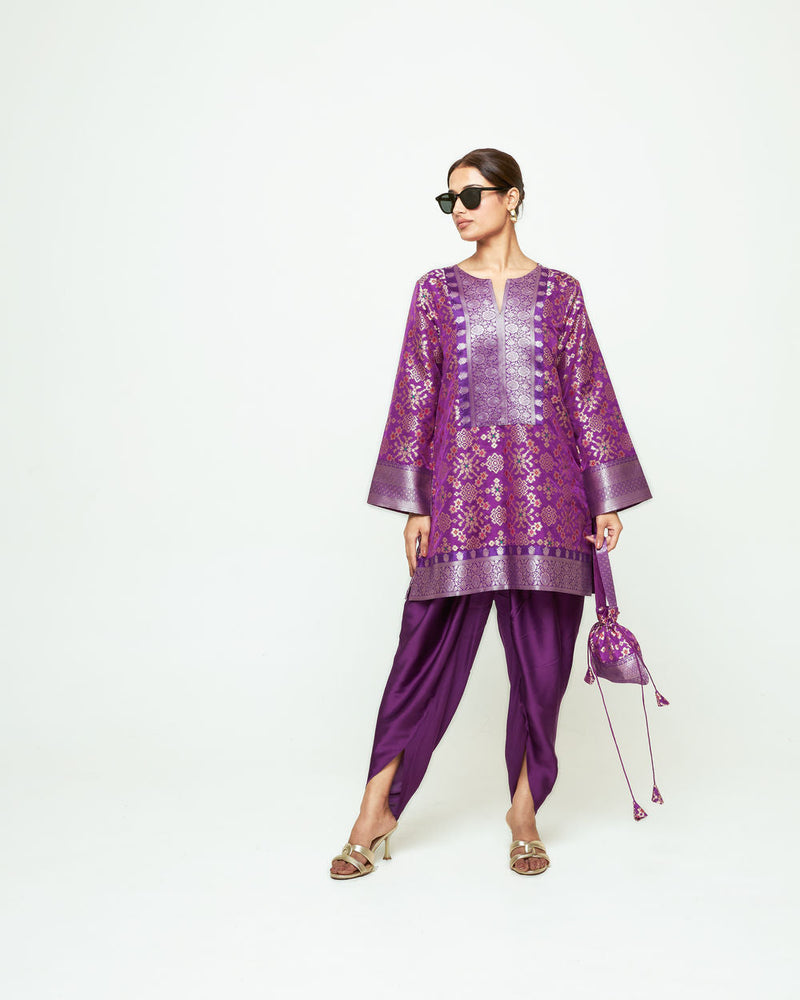 Meena-Brocade Short Kurta With Dhoti-Purple silk and modal satin kurta/kurta set by SOBARIKO in purple for women in Singapore