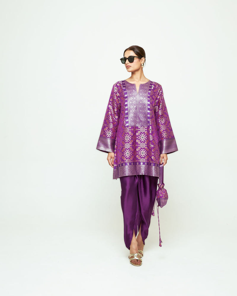 Meena-Brocade Short Kurta With Dhoti-Purple silk and modal satin kurta/kurta set by SOBARIKO in purple for women in Singapore