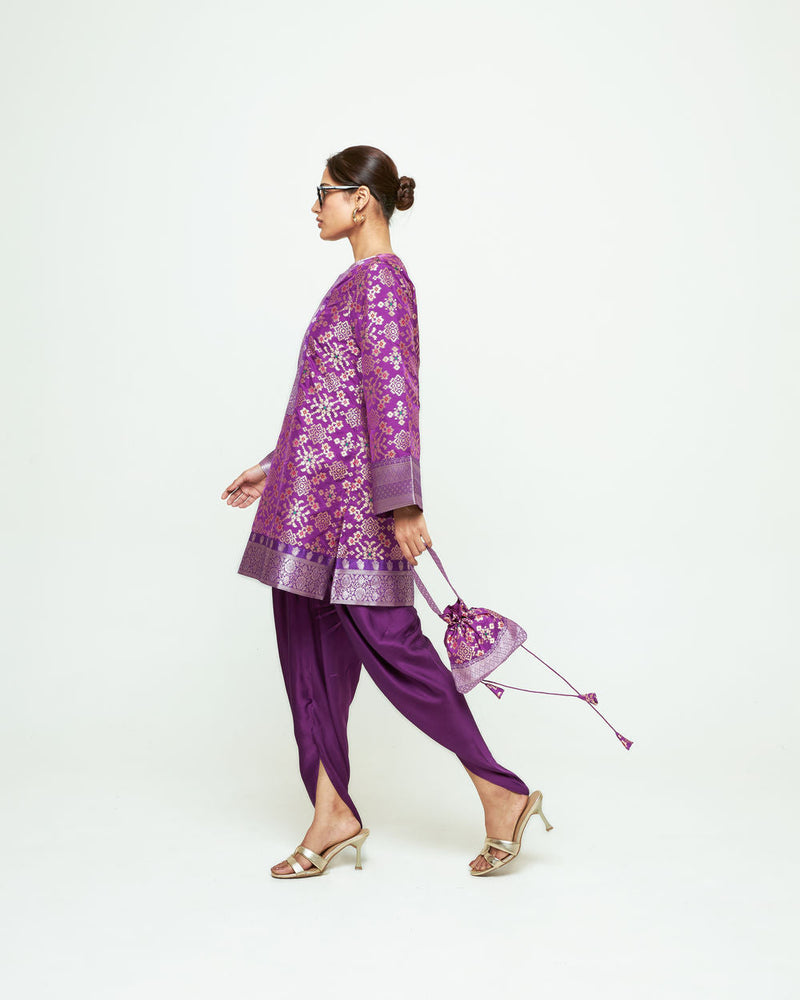 Meena-Brocade Short Kurta With Dhoti-Purple silk and modal satin kurta/kurta set by SOBARIKO in purple for women in Singapore