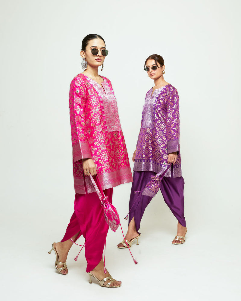 Meena-Brocade Short Kurta With Dhoti-Purple silk and modal satin kurta/kurta set by SOBARIKO in purple for women in Singapore