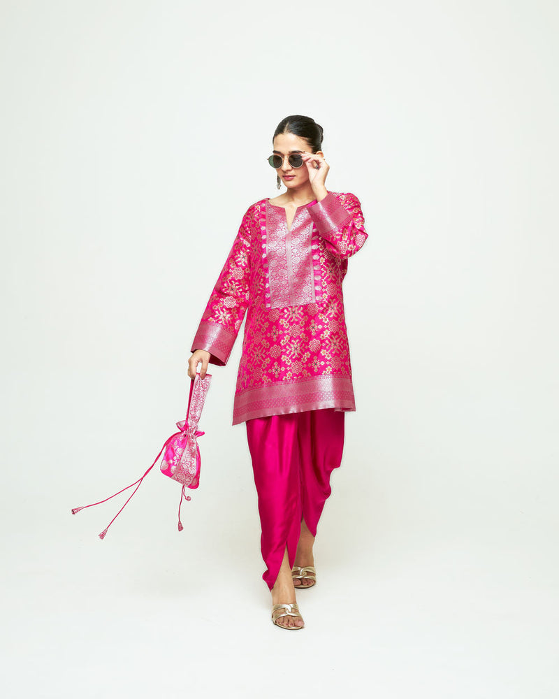 Meena-Brocade Short Kurta With Dhoti-Pink silk and modal satin kurta/kurta set by SOBARIKO in pink for women in Singapore