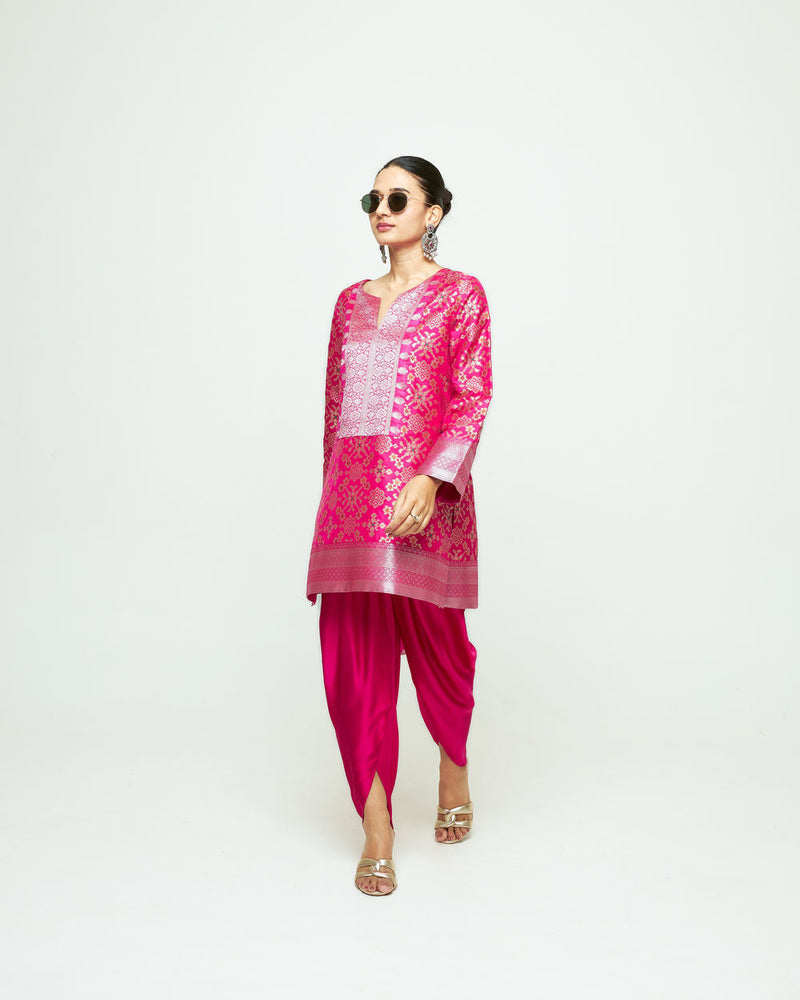 Meena-Brocade Short Kurta With Dhoti-Pink silk and modal satin kurta/kurta set by SOBARIKO in pink for women in Singapore