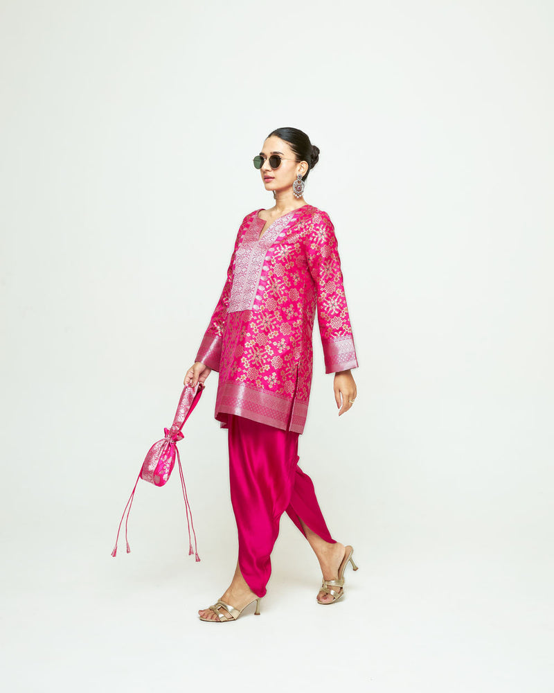 Meena-Brocade Short Kurta With Dhoti-Pink silk and modal satin kurta/kurta set by SOBARIKO in pink for women in Singapore