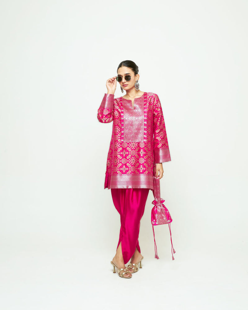 Meena-Brocade Short Kurta With Dhoti-Pink silk and modal satin kurta/kurta set by SOBARIKO in pink for women in Singapore