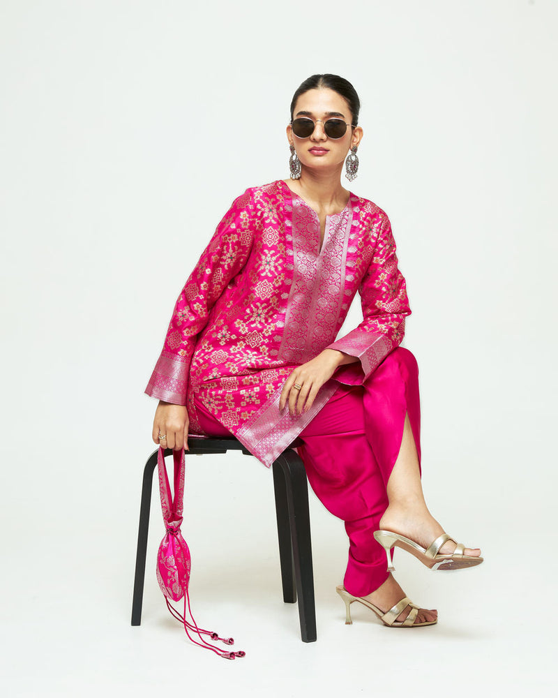 Meena-Brocade Short Kurta With Dhoti-Pink silk and modal satin kurta/kurta set by SOBARIKO in pink for women in Singapore