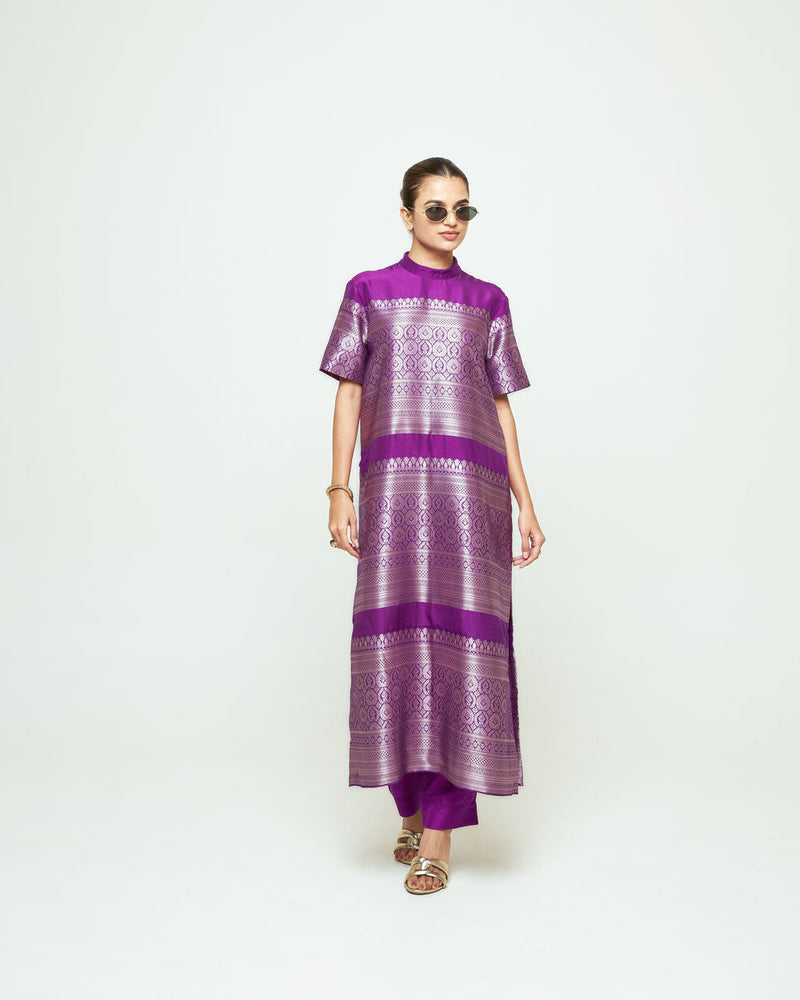 Raysa-Statement Brocade Kurta Set-Purple silk kurta/kurta set by SOBARIKO in purple for women in Singapore
