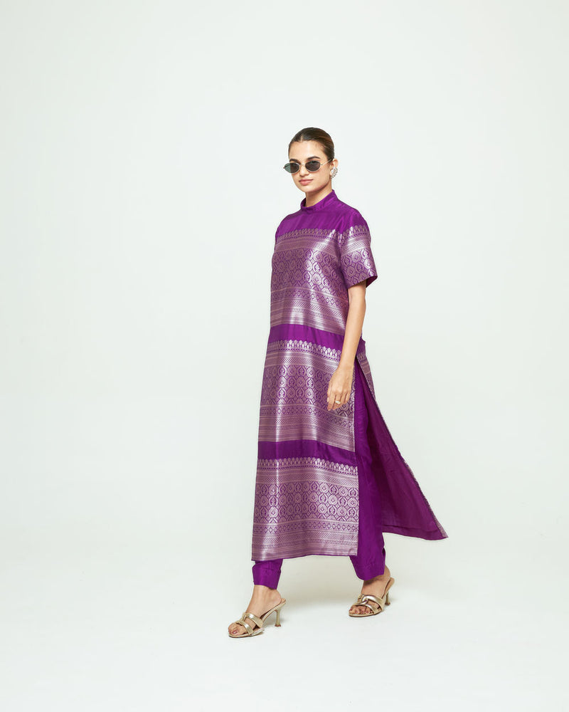 Raysa-Statement Brocade Kurta Set-Purple silk kurta/kurta set by SOBARIKO in purple for women in Singapore