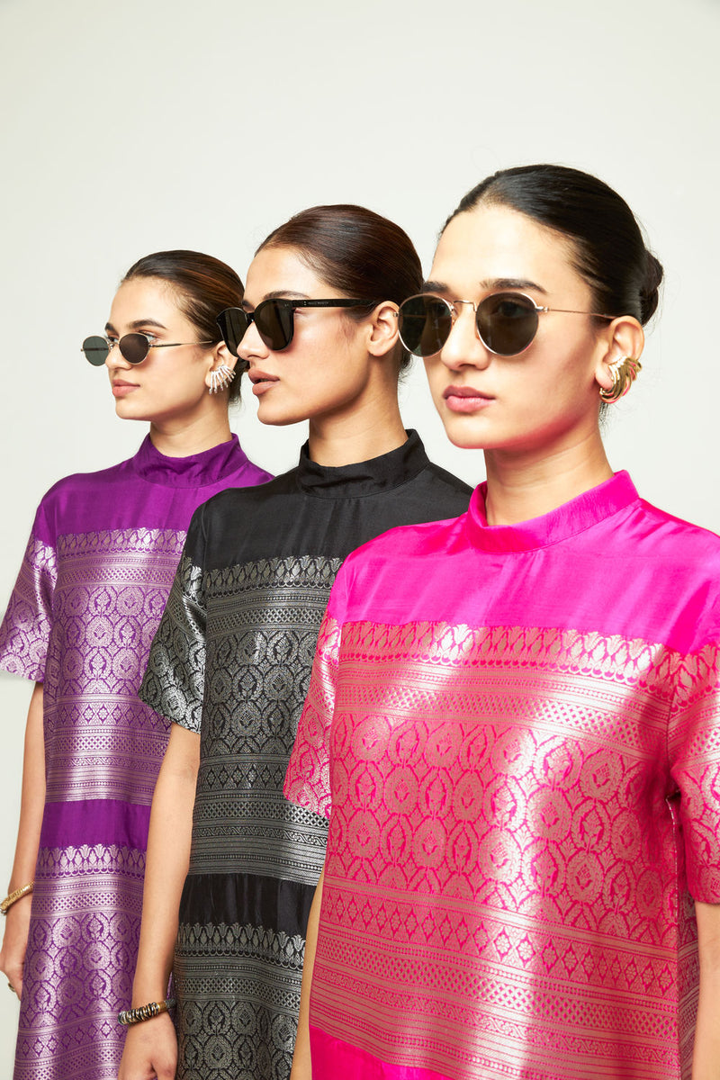 Raysa-Statement Brocade Kurta Set-Black silk kurta/kurta set by SOBARIKO in black for women in Singapore