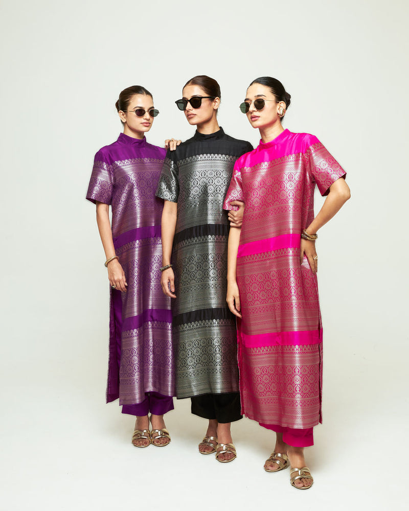 Raysa-Statement Brocade Kurta Set-Black silk kurta/kurta set by SOBARIKO in black for women in Singapore