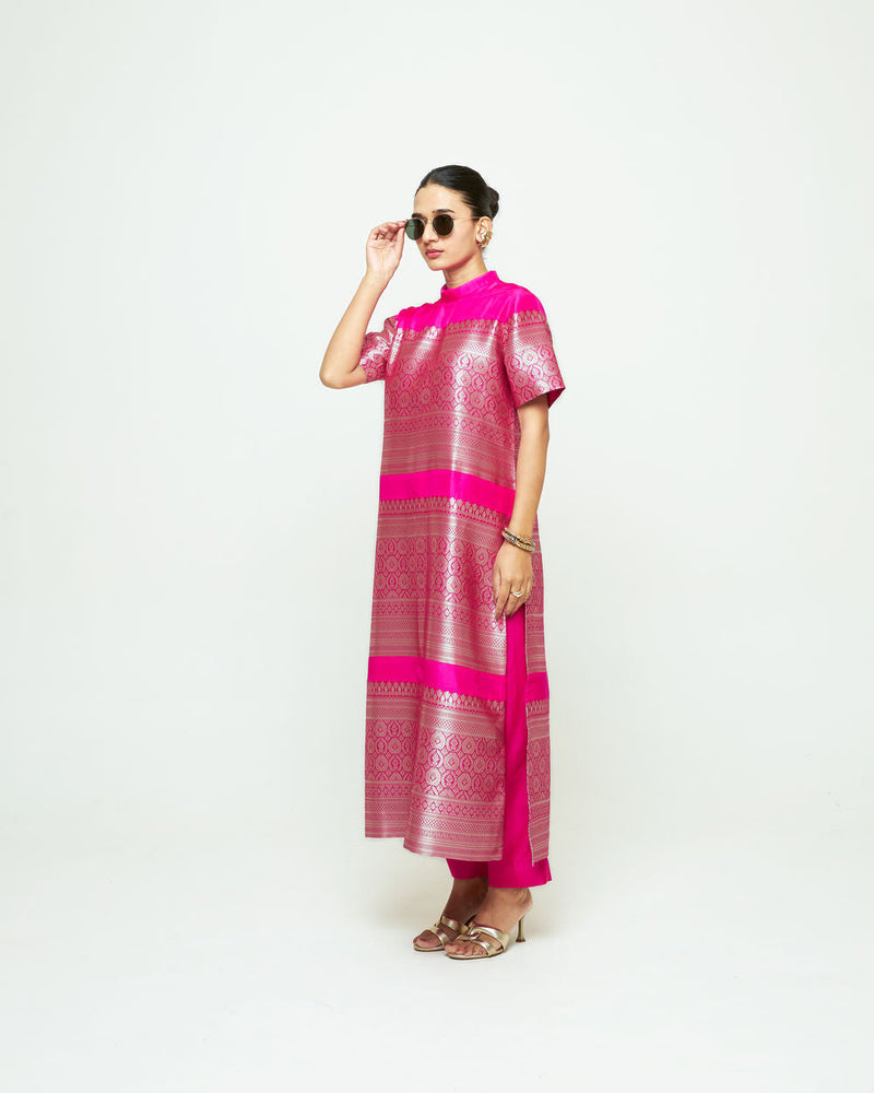 Raysa-Statement Brocade Kurta Set-Pink silk kurta/kurta set by SOBARIKO in pink for women in Singapore