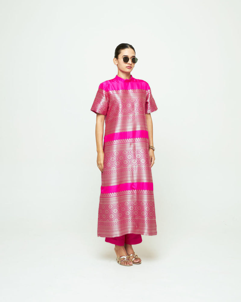 Raysa-Statement Brocade Kurta Set-Pink silk kurta/kurta set by SOBARIKO in pink for women in Singapore