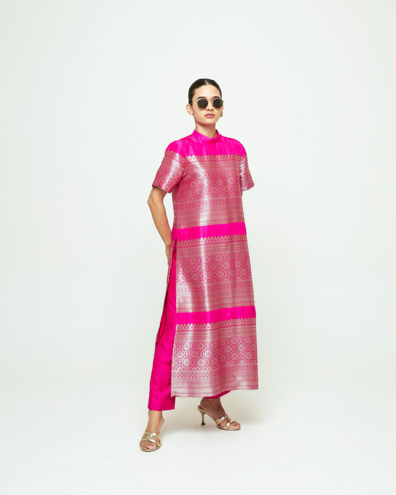 Raysa-Statement Brocade Kurta Set-Pink silk kurta/kurta set by SOBARIKO in pink for women in Singapore