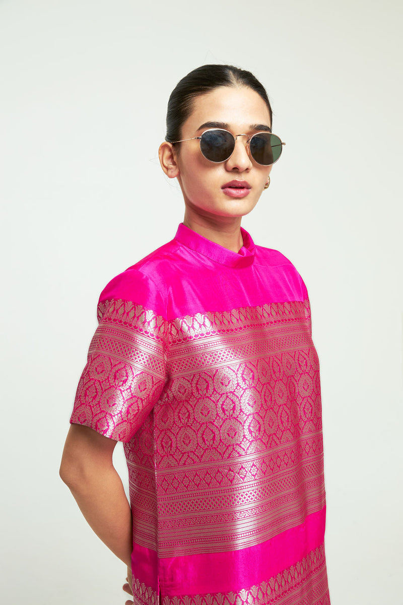 Raysa-Statement Brocade Top Skirt Set-Pink silk indo-western by SOBARIKO in pink, ivory for women in Singapore