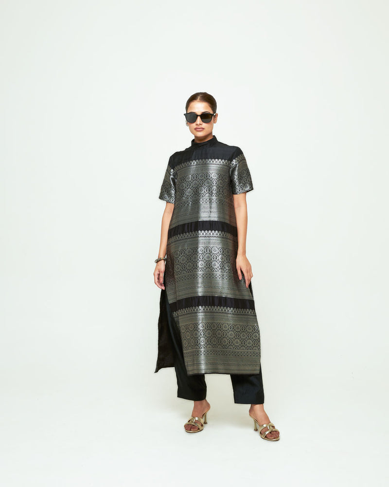 Raysa-Statement Brocade Kurta Set-Black silk kurta/kurta set by SOBARIKO in black for women in Singapore