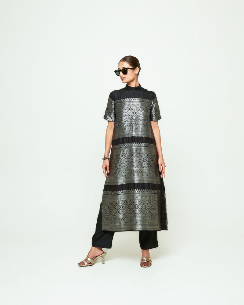 Raysa-Statement Brocade Kurta Set-Black silk kurta/kurta set by SOBARIKO in black for women in Singapore