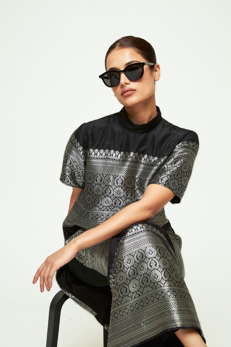 Raysa-Statement Brocade Kurta Set-Black silk kurta/kurta set by SOBARIKO in black for women in Singapore