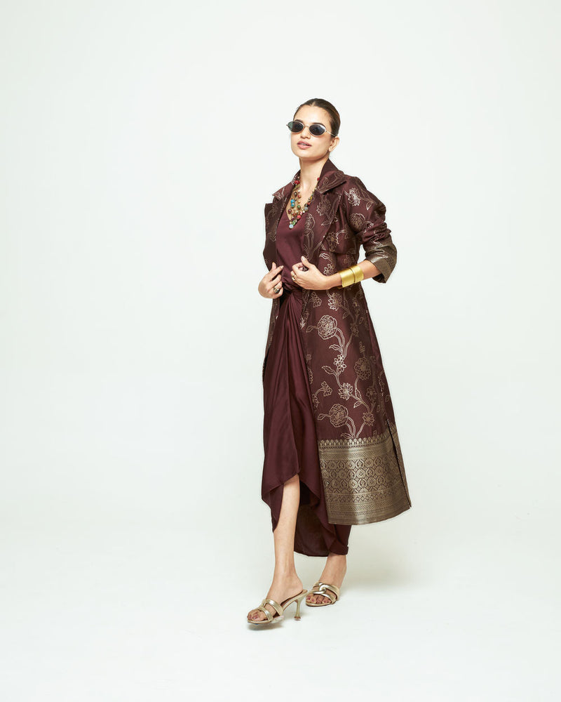 Rosa Statement Trench Set-Brown silk and modal satin indo-western by SOBARIKO in brown for women in Singapore