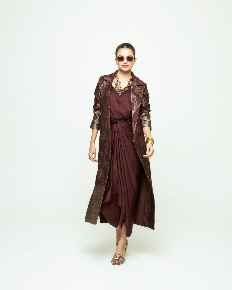 Rosa Statement Trench Set-Brown silk and modal satin indo-western by SOBARIKO in brown for women in Singapore