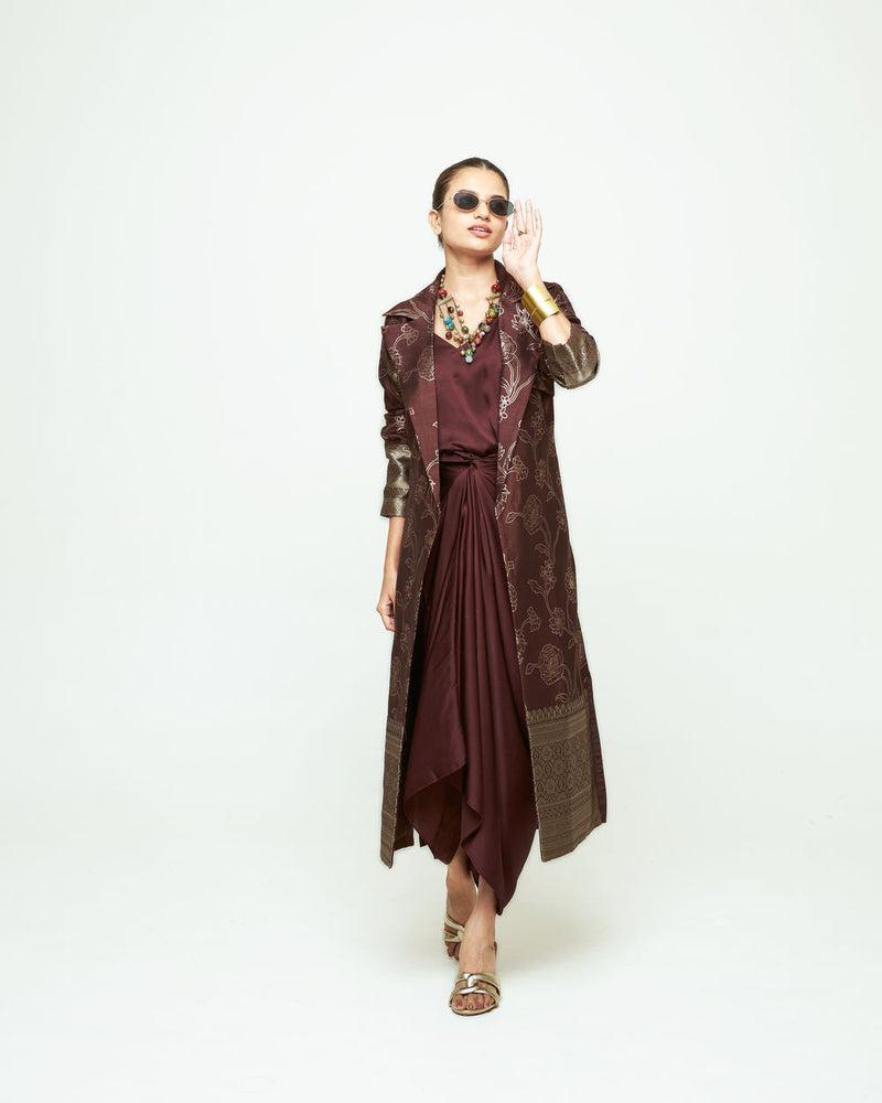 Rosa Statement Trench Set-Brown silk and modal satin indo-western by SOBARIKO in brown for women in Singapore