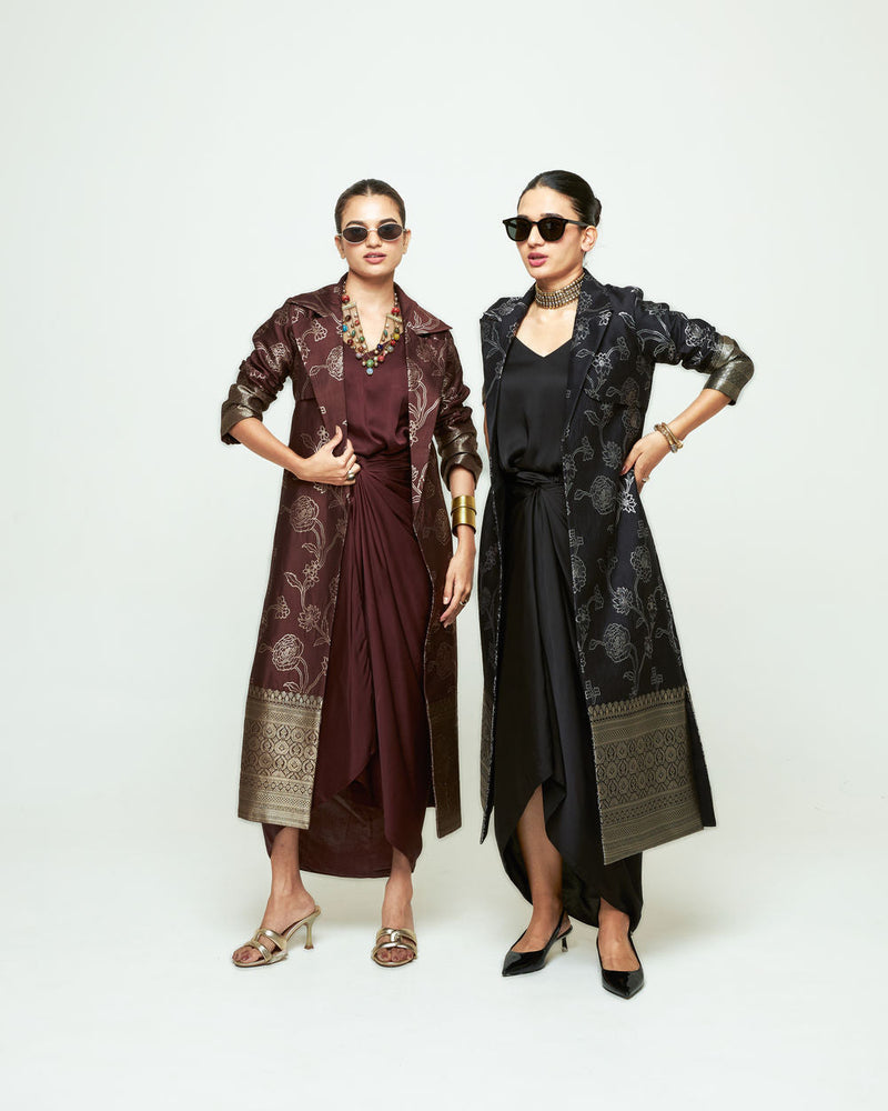 Rosa Statement Trench Set-Black silk and modal satin indo-western by SOBARIKO in black for women in Singapore