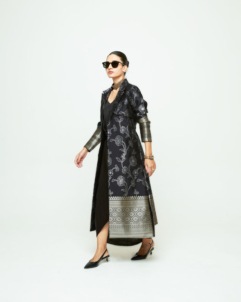 Rosa Statement Trench Set-Black silk and modal satin indo-western by SOBARIKO in black for women in Singapore