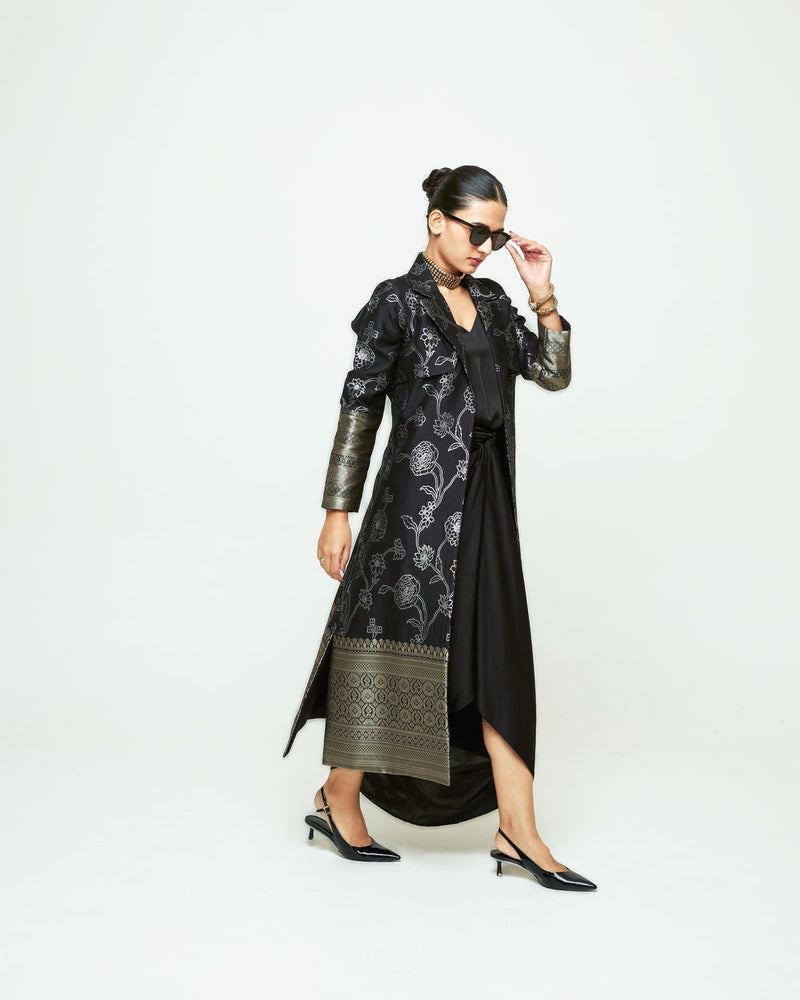 Rosa Statement Trench Set-Black silk and modal satin indo-western by SOBARIKO in black for women in Singapore