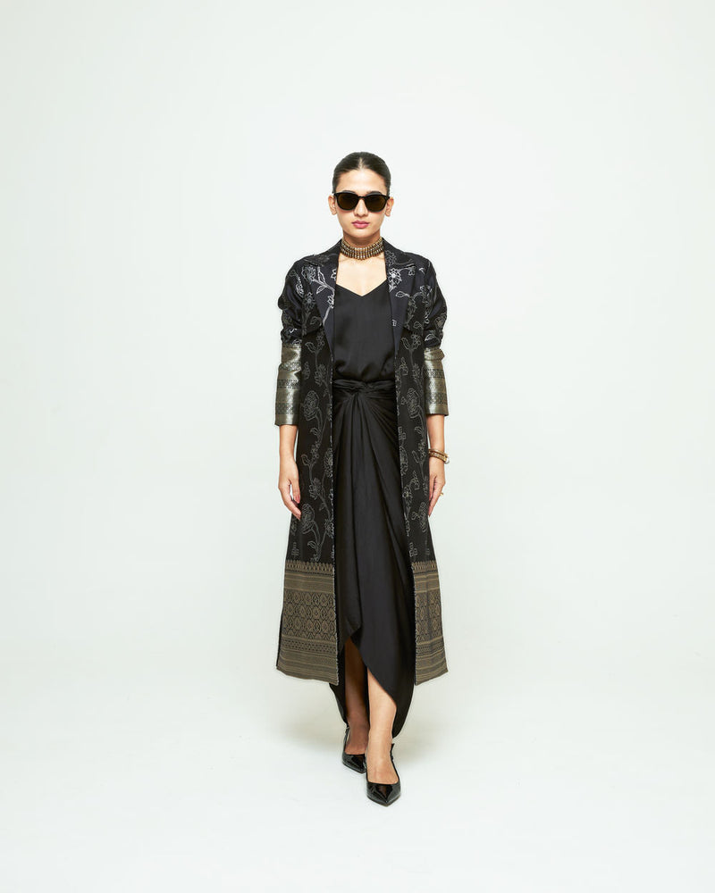 Rosa Statement Trench Set-Black silk and modal satin indo-western by SOBARIKO in black for women in Singapore