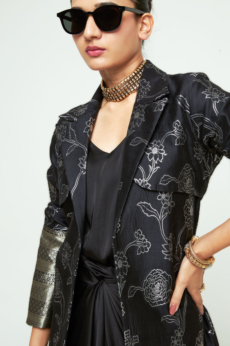 Rosa Statement Trench Set-Black silk and modal satin indo-western by SOBARIKO in black for women in Singapore