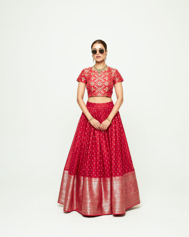Mana Lehenga Set-Red silk, chanderi silk lehenga sets by SOBARIKO for women in Singapore