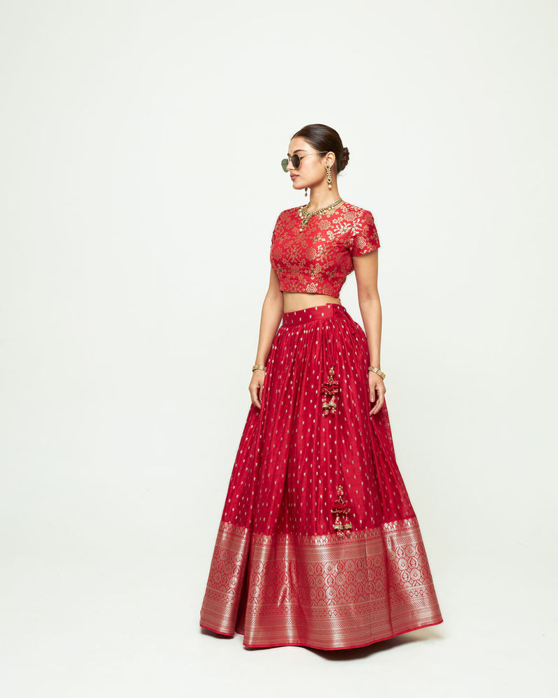 Mana Lehenga Set-Red silk, chanderi silk lehenga sets by SOBARIKO for women in Singapore