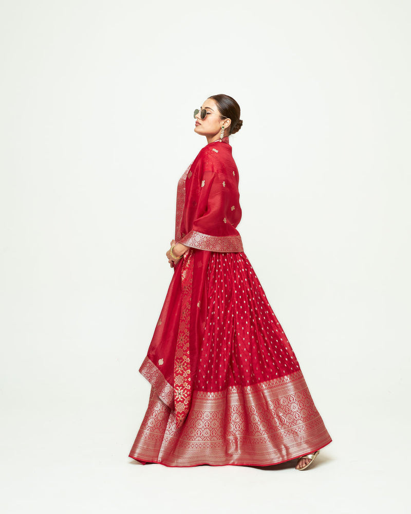 Mana Lehenga Set-Red silk, chanderi silk lehenga sets by SOBARIKO for women in Singapore