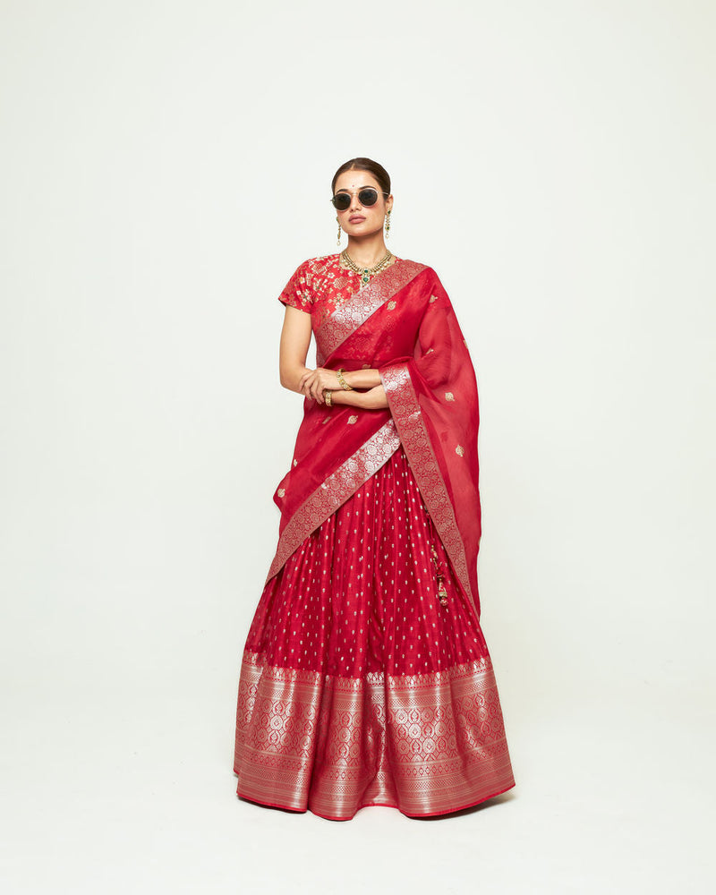 Mana Lehenga Set-Red silk, chanderi silk lehenga sets by SOBARIKO for women in Singapore